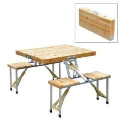 Outsunny Mesa Plegable Para Camping Picnic Playa Con 4 Asientos Y Agujero De Sombrilla Marco De Aluminio 138x85x68 Cm Natural