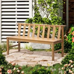 Outsunny Banco De Jardín De 3 Plazas Banco Exterior De Madera Con Respaldo De Listones Para Terraza Patio Balcón Carga 360 Kg 144x60x77 Cm Natural