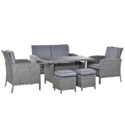 Outsunny Conjunto De Muebles De Jardín 6 Piezas De Ratán Con Mesa De Centro Sofá Doble 2 Sillones Individuales 2 Taburetes Con Cojines Para Patio Porche Terraza Gris