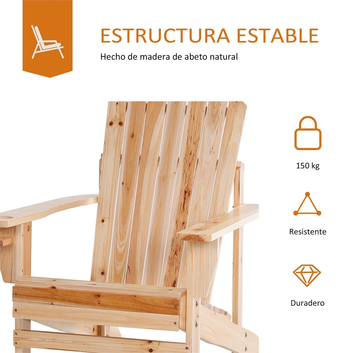 Outsunny Silla Adirondack De Madera Silla De Jardín Con Reposabrazos Y Respaldo Alto Para Terraza Balcón Exterior 72,5x97x93 Cm Natural - Imagen 6