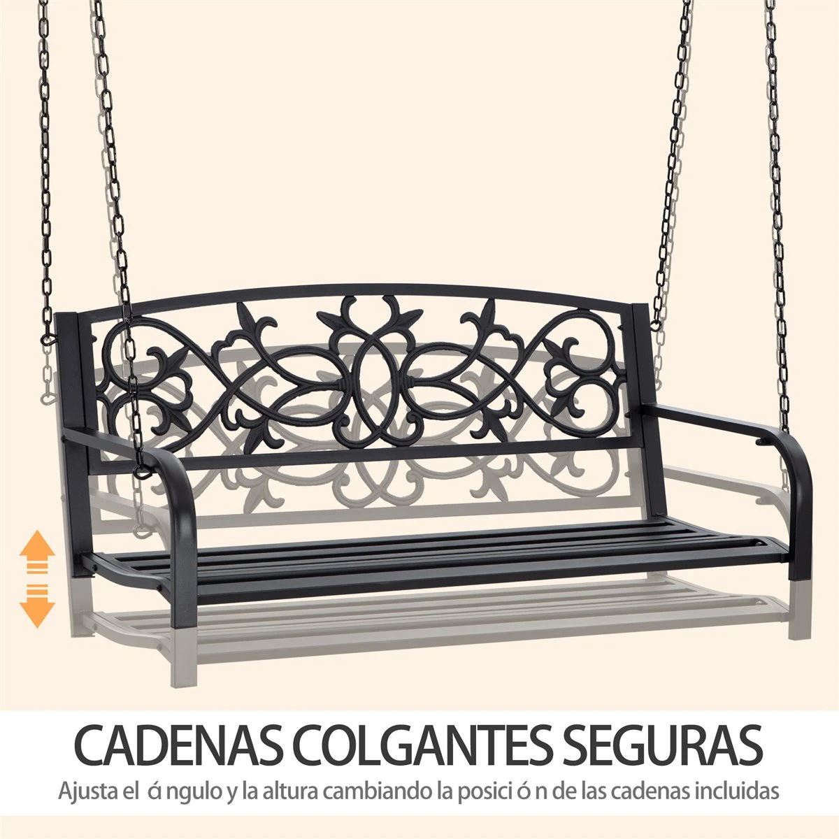 Outsunny Banco Columpio De 2 Plazas Banco Colgante De Acero Con Reposabrazos Carga Máx. 240 Kg Para Jardín Terraza Balcón Exterior 127x59,5x52 Cm Negro - Imagen 5