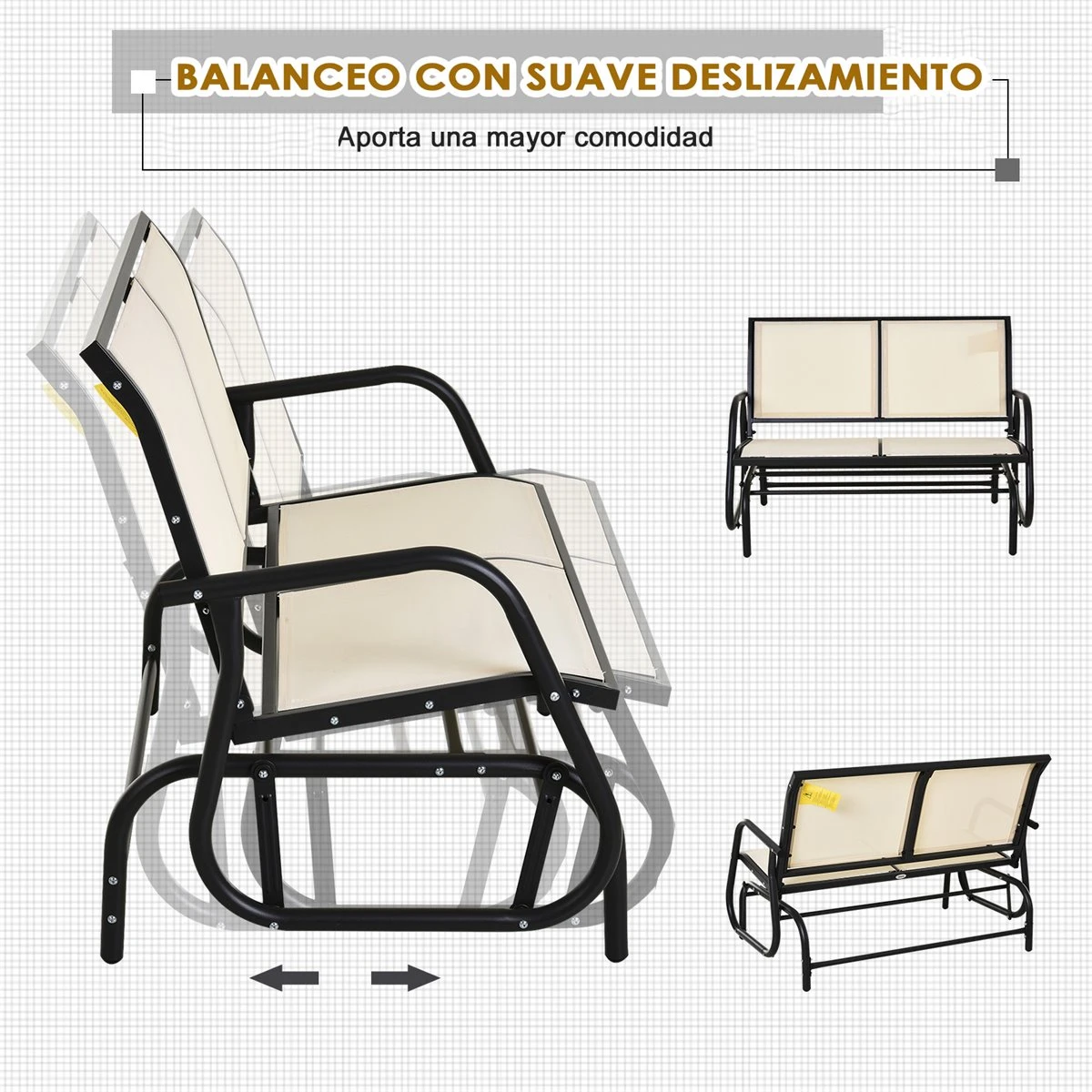 Outsunny Banco Balancín De 2 Plazas Silla Mecedora De Jardín Tubo De Metal Y Tela Texteline Transpirable Para Exterior Carga Máx. 200 Kg 120x70x85 Cm Beige - Imagen 4