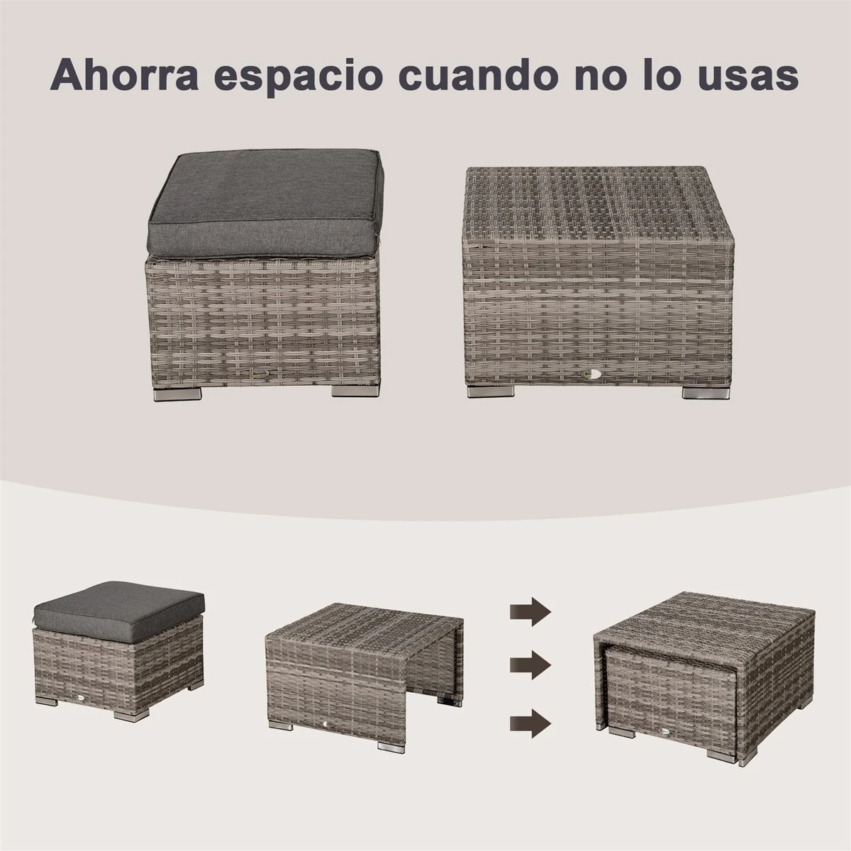 Outsunny Conjunto De Muebles De Jardín 8 Piezas De Ratán Convertible Con 2 Mesas De Centro 2 Sofás Esquineros 2 Sillones 2 Taburetes Con Cojines Para Patio Porche Terraza Gris - Imagen 5