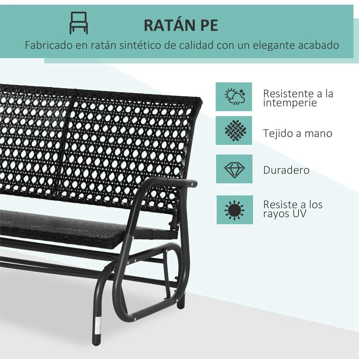 Outsunny Mecedora De Ratán De 2 Plazas Banco Balancín De Jardín Con Balanceo Ergonómico Y Marco De Metal Para Terraza Balcón Exterior Carga 220 Kg 120x70x84 Cm Negro - Imagen 5