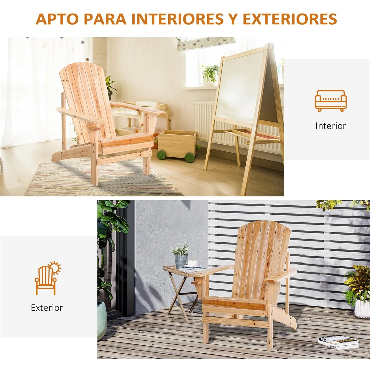 Outsunny Silla Adirondack De Madera Silla De Jardín Con Reposabrazos Y Respaldo Alto Para Terraza Balcón Exterior 72,5x97x93 Cm Natural - Imagen 7