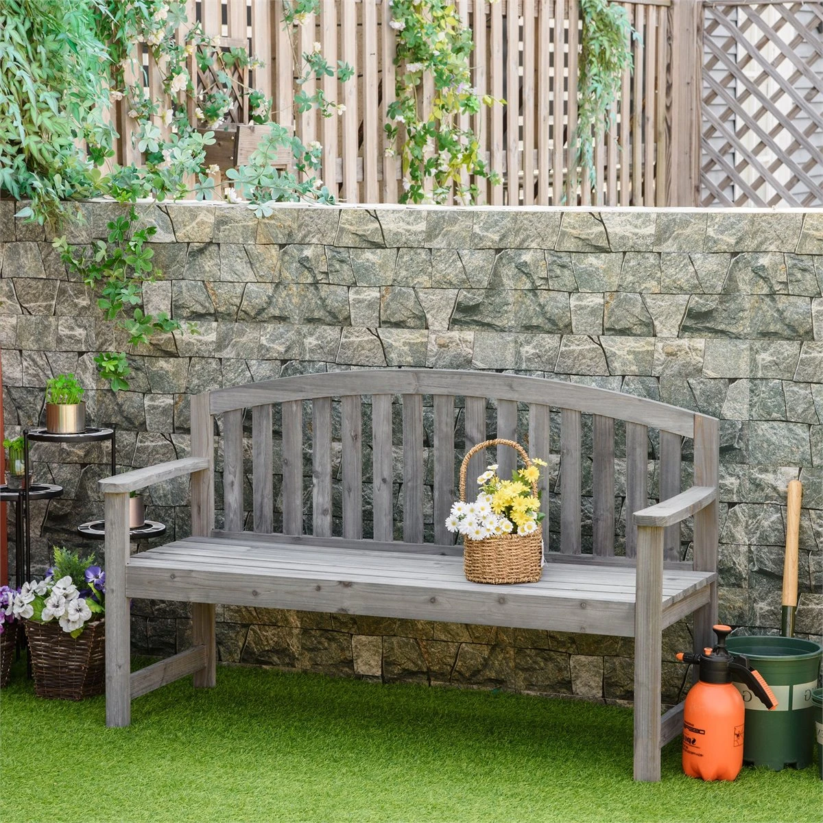 Outsunny Banco De Jardín De 2 Plazas Banco Listones De Madera Con Respaldo Y Reposabrazos Para Terraza Balcón Patio Exterior Carga 320 Kg 140x50x85 Cm Gris - Imagen 2