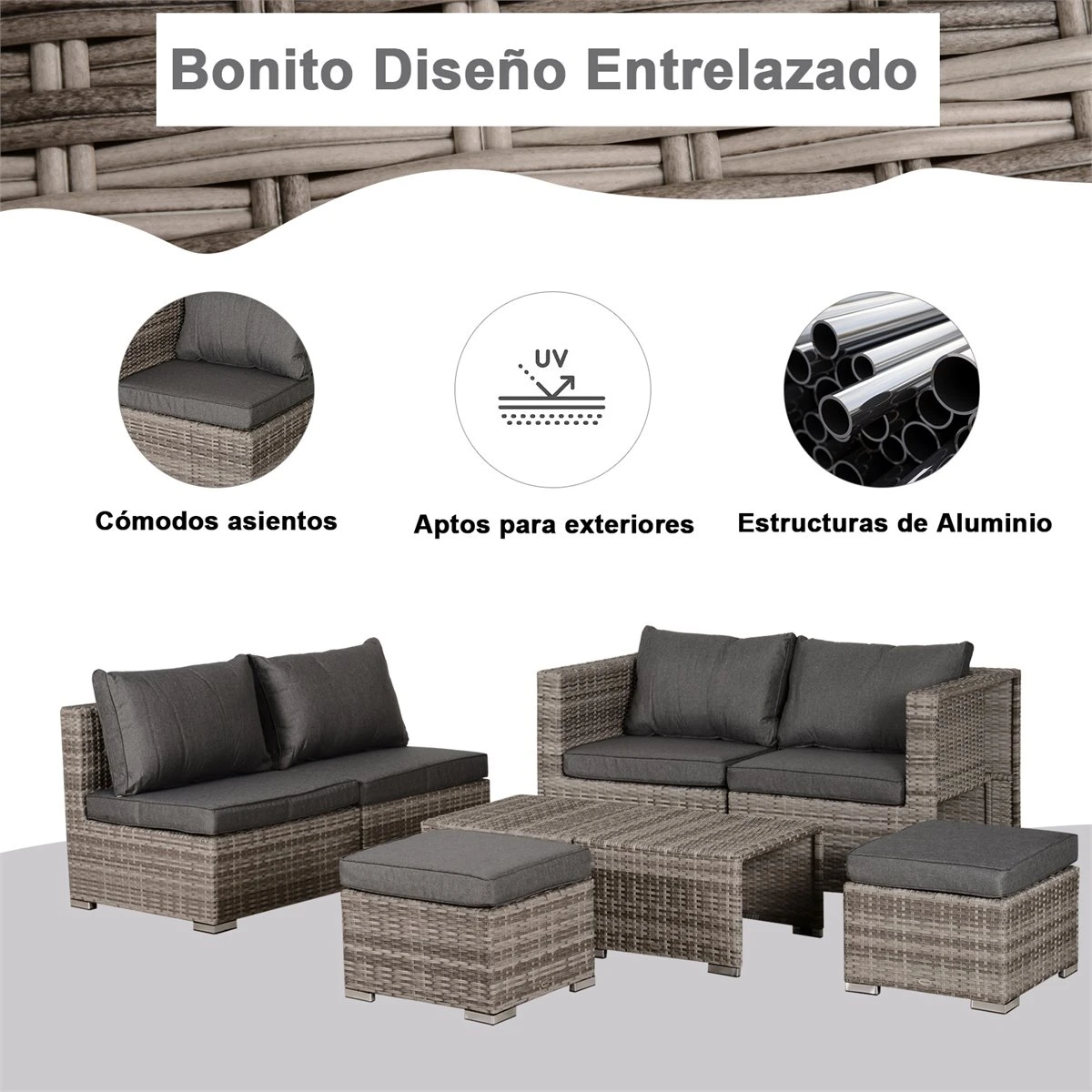 Outsunny Conjunto De Muebles De Jardín 8 Piezas De Ratán Convertible Con 2 Mesas De Centro 2 Sofás Esquineros 2 Sillones 2 Taburetes Con Cojines Para Patio Porche Terraza Gris - Imagen 6