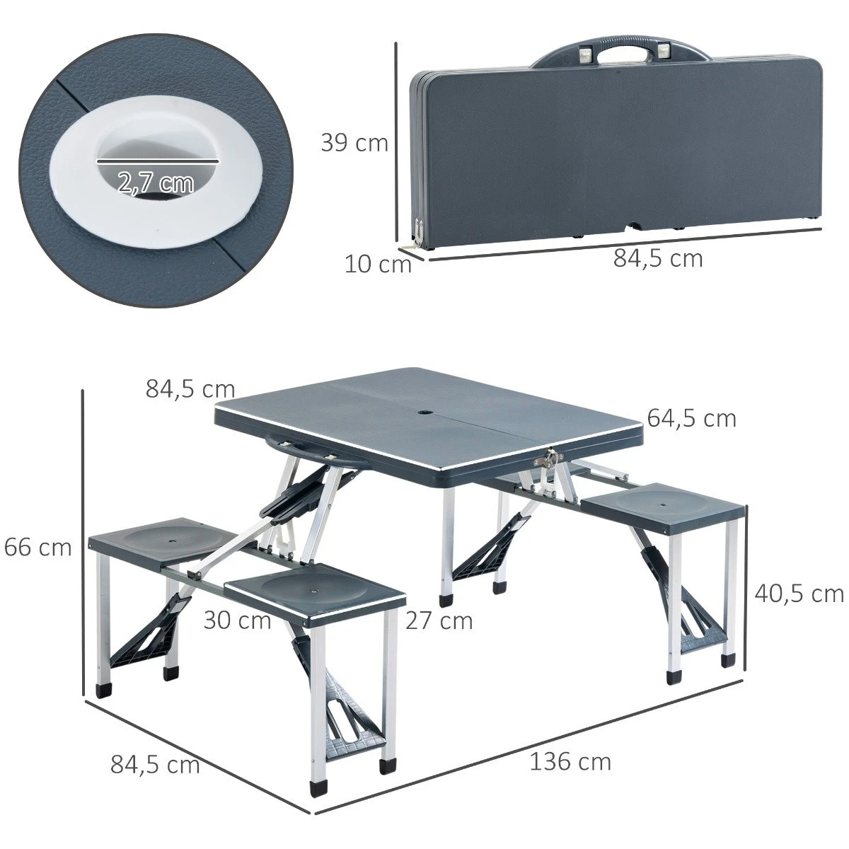 Outsunny Mesa Maleta De Camping Plegable Portátil 4 Asientos Y Agujero Sombrilla Estructura Aluminio Playa Picnic 136x84,5x66 Cm (Gris) - Imagen 3