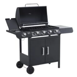 Outsunny Barbacoa De Gas Con 4+1 Quemadores 14,4 KW Mesas Laterales Armario De Almacenaje Termómetro Y 2 Ruedas Acero Inoxidable BBQ 125x51x100 Cm Negro