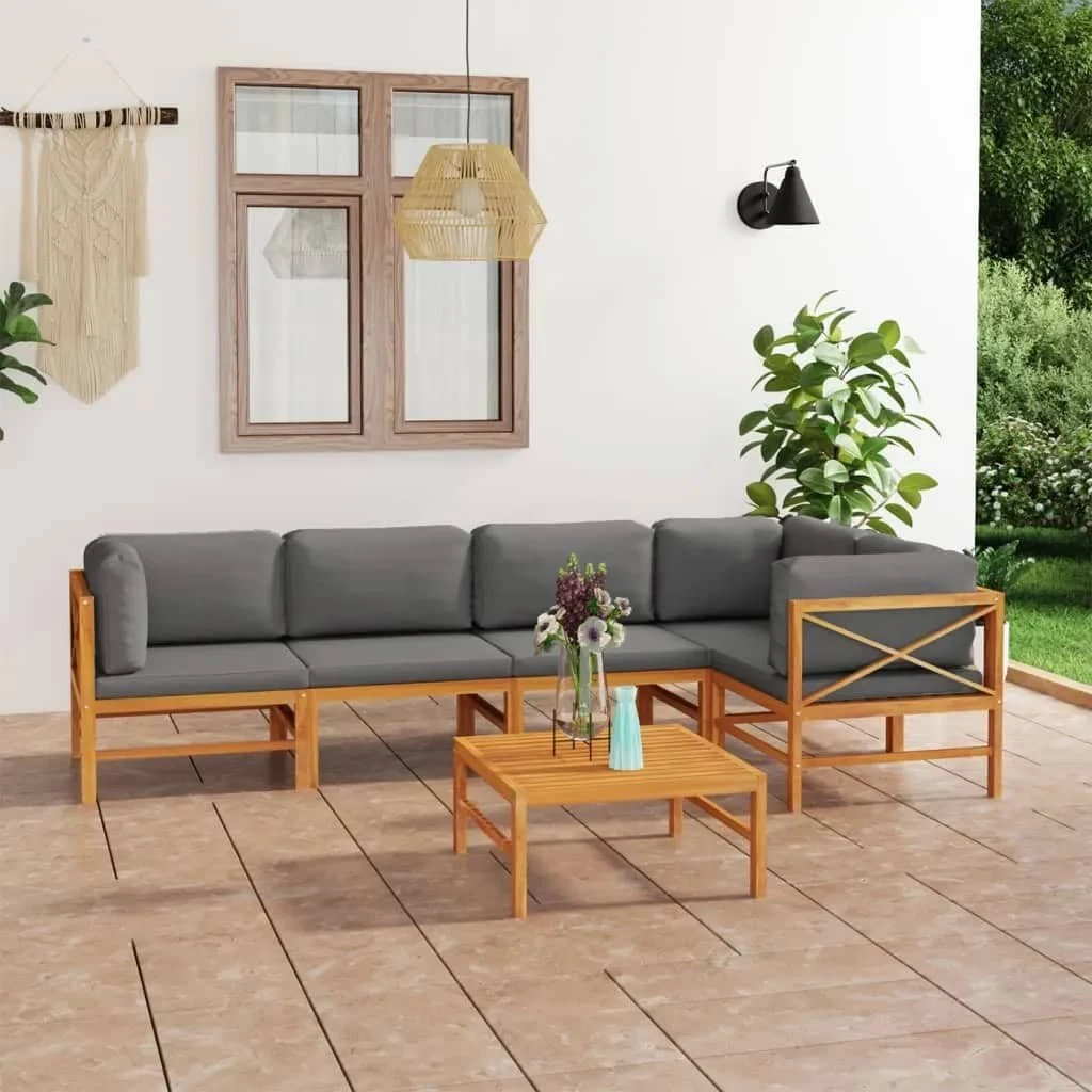Set De Muebles De Jardín 6 Pzas Madera De Teca Y Cojines Gris VidaXL - Imagen 3