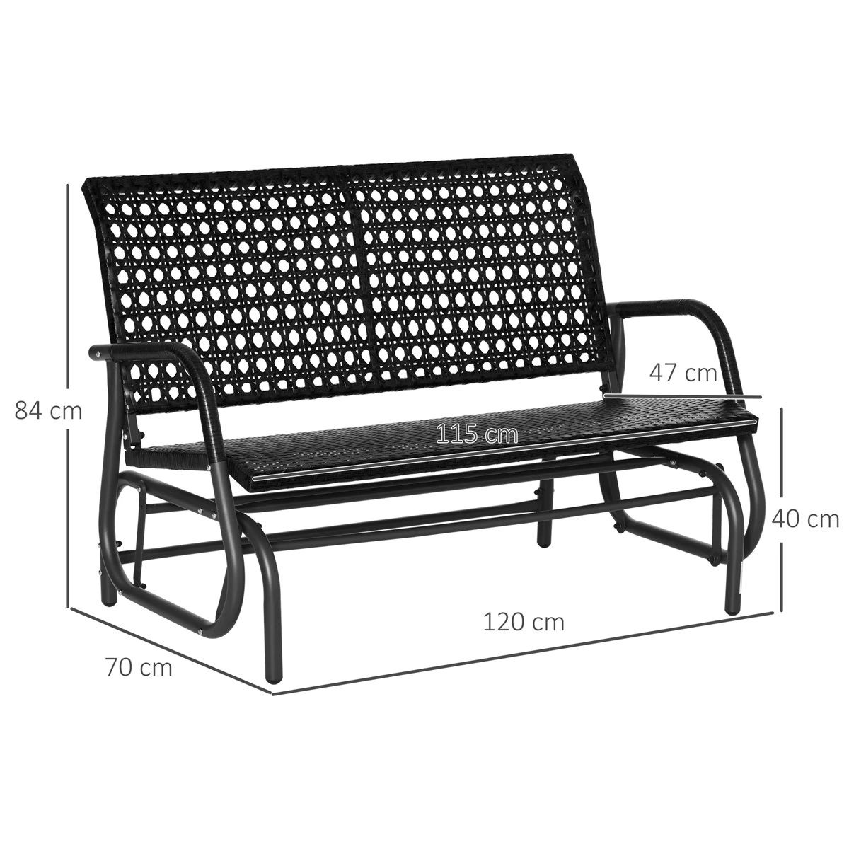 Outsunny Mecedora De Ratán De 2 Plazas Banco Balancín De Jardín Con Balanceo Ergonómico Y Marco De Metal Para Terraza Balcón Exterior Carga 220 Kg 120x70x84 Cm Negro - Imagen 3