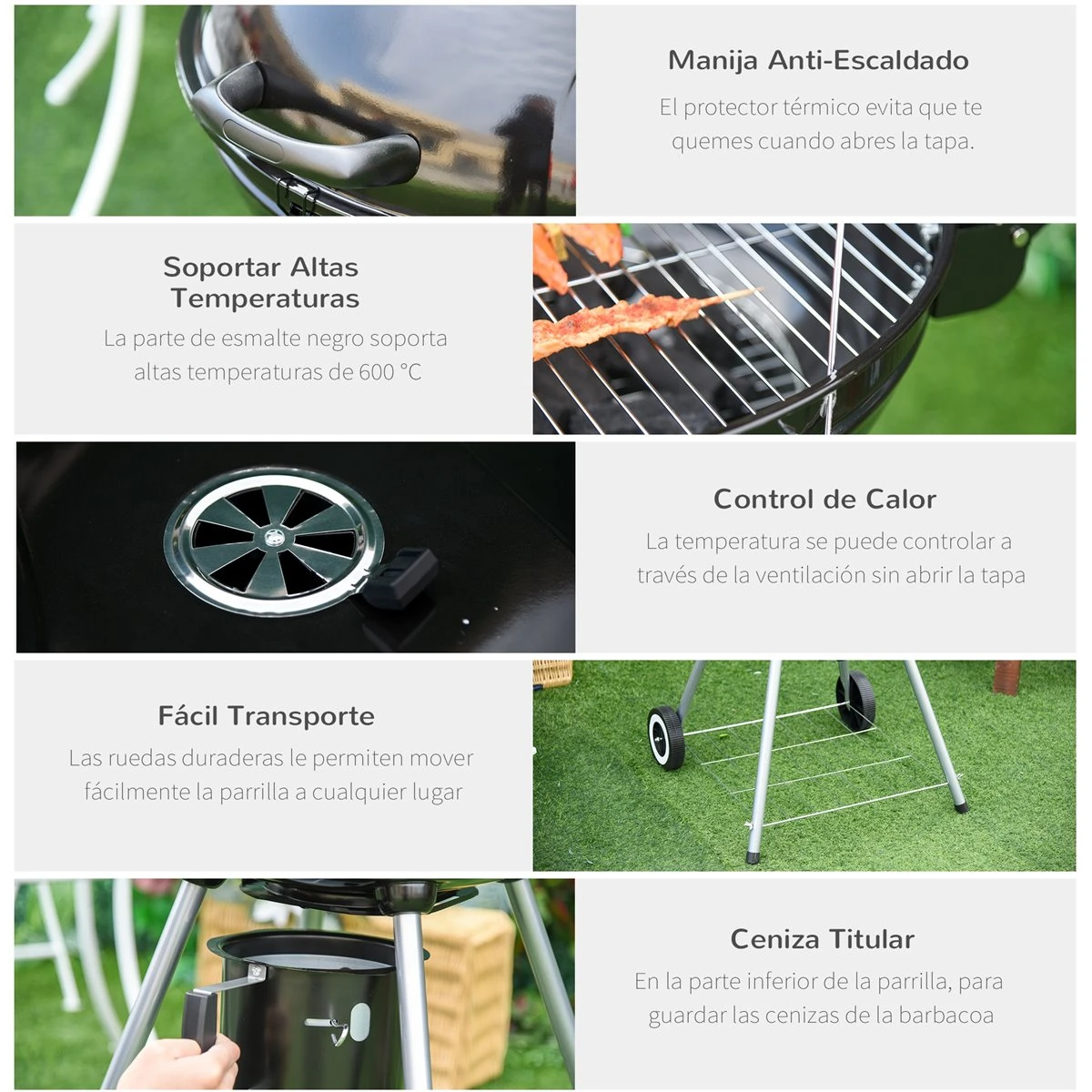 Outsunny Barbacoa De Carbón BBQ Picnic Ahumador Parilla Con Termómetro Jardín Exterior Acampada Parilla De Carbón Vegetal Con Ruedas Y Estante Tapa Y Tazón Esmaltados - Imagen 7