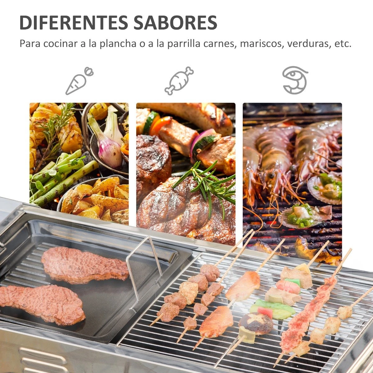 Outsunny Barbacoa De Carbón De Acero Inoxidable Portátil Con Altura Ajustable 2 Estantes Plancha Y Parrillas Al Aire Libre Para BBQ Camping Picnics 120x31x60-70 Cm Plata - Imagen 5