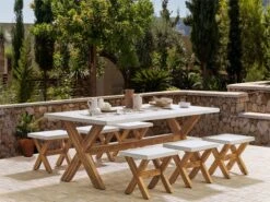 Conjunto De Comedor De Jardín De 6 Plazas De Cemento En Blanco/madera Clara OLBIA