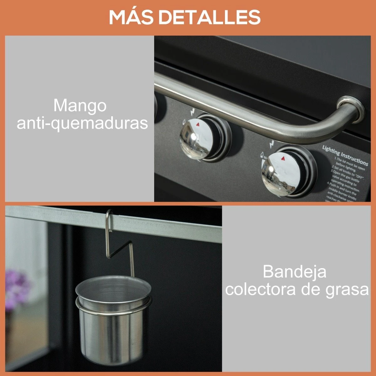 Outsunny Barbacoa De Gas Con 3 Quemadores 8,7 KW Termómetro Parrilla De Gas Con 2 Mesas Laterales Armario De 2 Puertas 4 Ruedas Y Frenos Acero Al Carbono Para BBQ 121x55x109 Cm Negro - Imagen 7