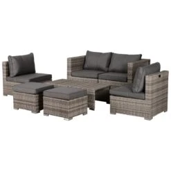Outsunny Conjunto De Muebles De Jardín 8 Piezas De Ratán Convertible Con 2 Mesas De Centro 2 Sofás Esquineros 2 Sillones 2 Taburetes Con Cojines Para Patio Porche Terraza Gris