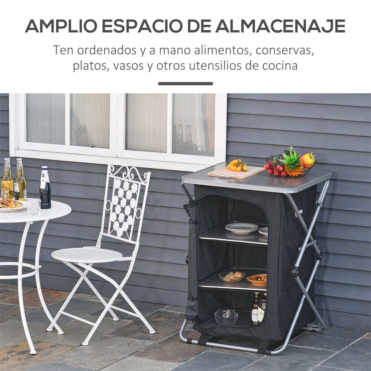 Outsunny Armario Cocina De Camping Plegable Con Paravientos 3 Estantes Bolsa De Almacenamiento Encimera 58X65x93 Cm Para Exterior Acampadas Picnics Tela Oxford Negro - Imagen 5