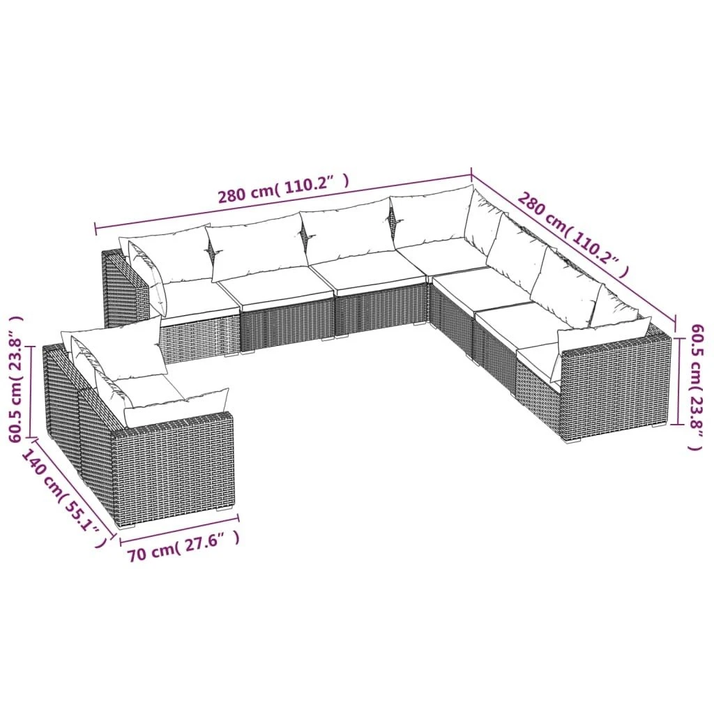 Set De Muebles De Jardín 9 Pzas Y Cojines Ratán Sintético Negro VidaXL - Imagen 5