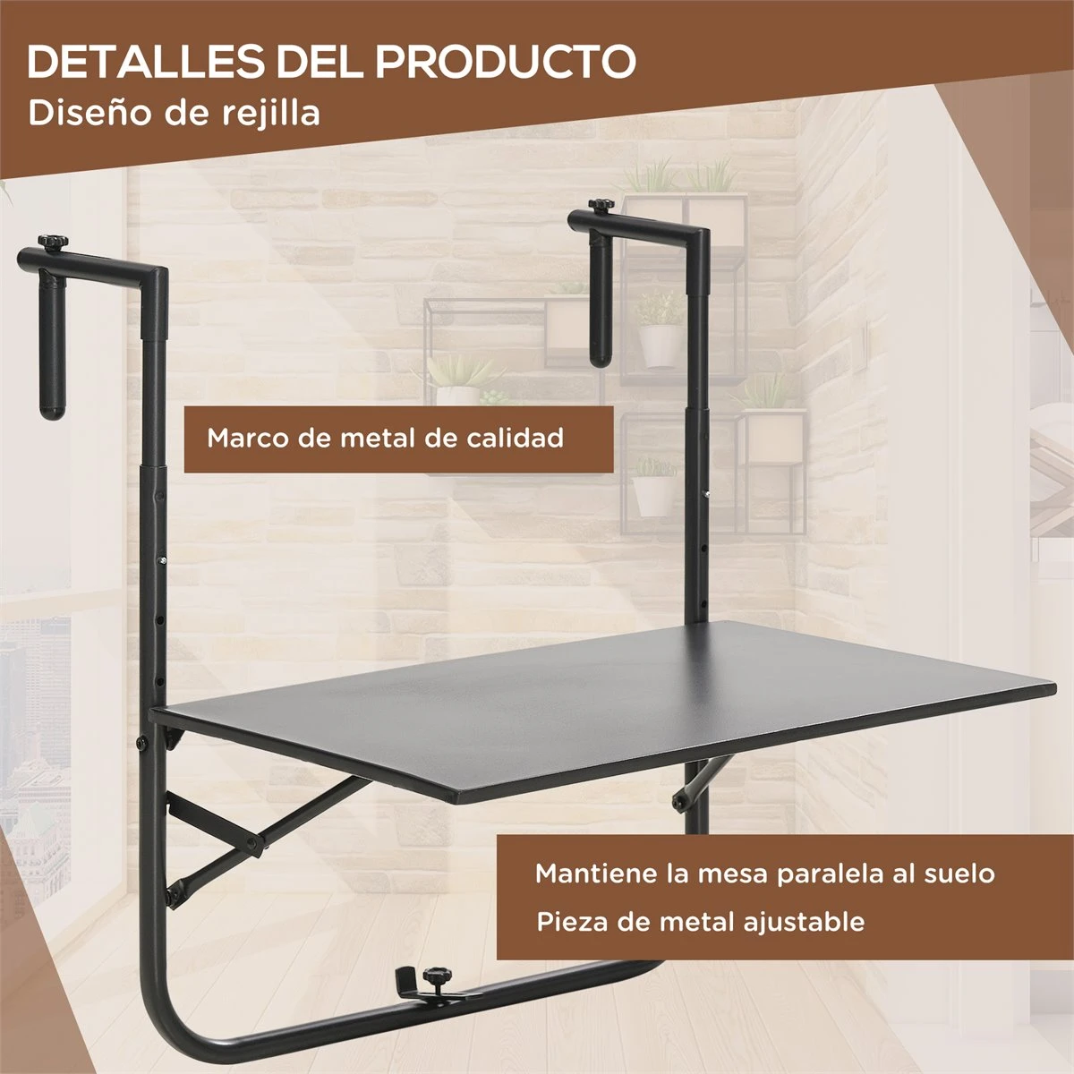 Outsunny Mesa Colgante Para Balcón Mesa De Pared De Acero Con Altura Ajustable En 4 Posiciones Carga Máx. 15 Kg Para Terraza Jardín 60x60,5x56-71 Cm Negro - Imagen 5