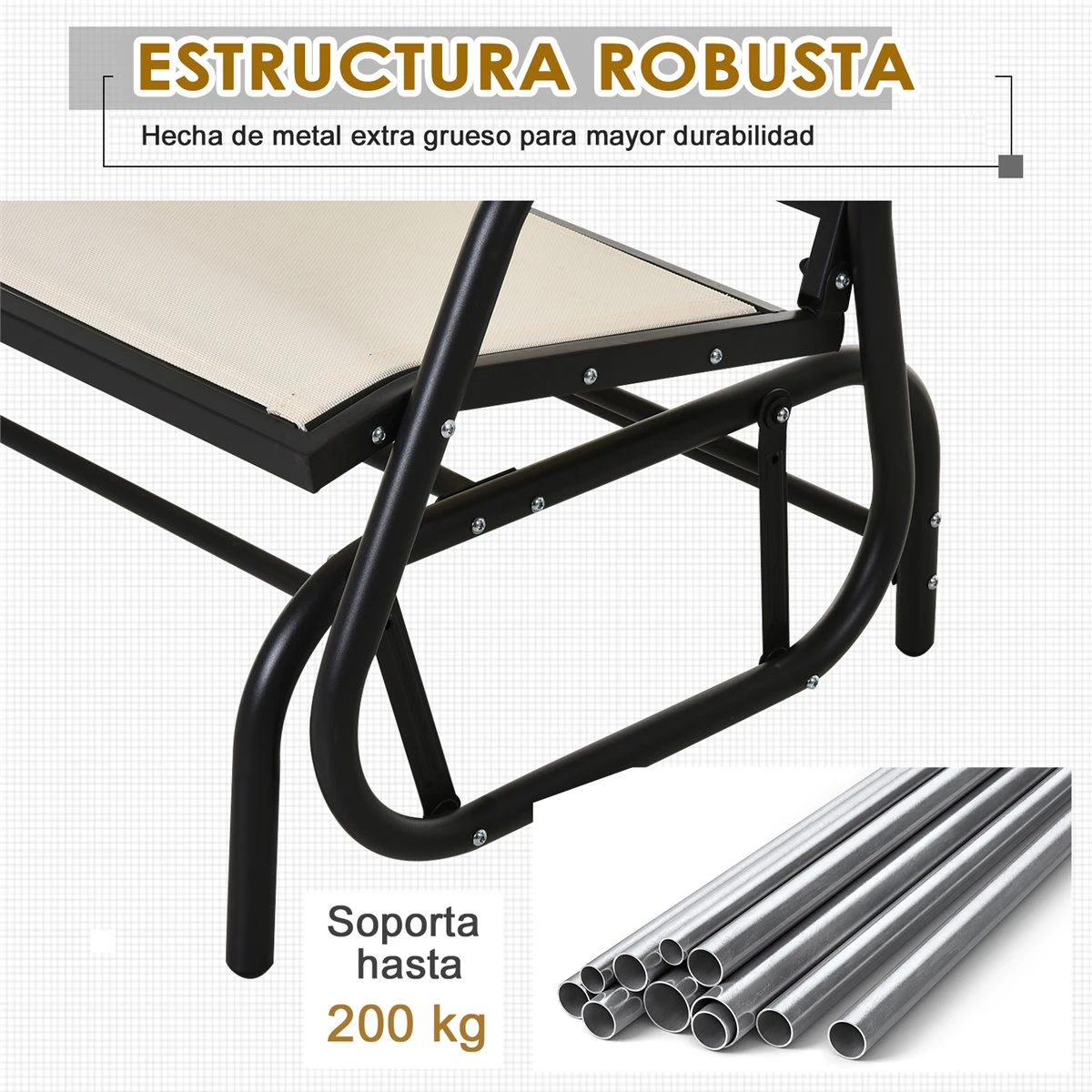 Outsunny Banco Balancín De 2 Plazas Silla Mecedora De Jardín Tubo De Metal Y Tela Texteline Transpirable Para Exterior Carga Máx. 200 Kg 120x70x85 Cm Beige - Imagen 5