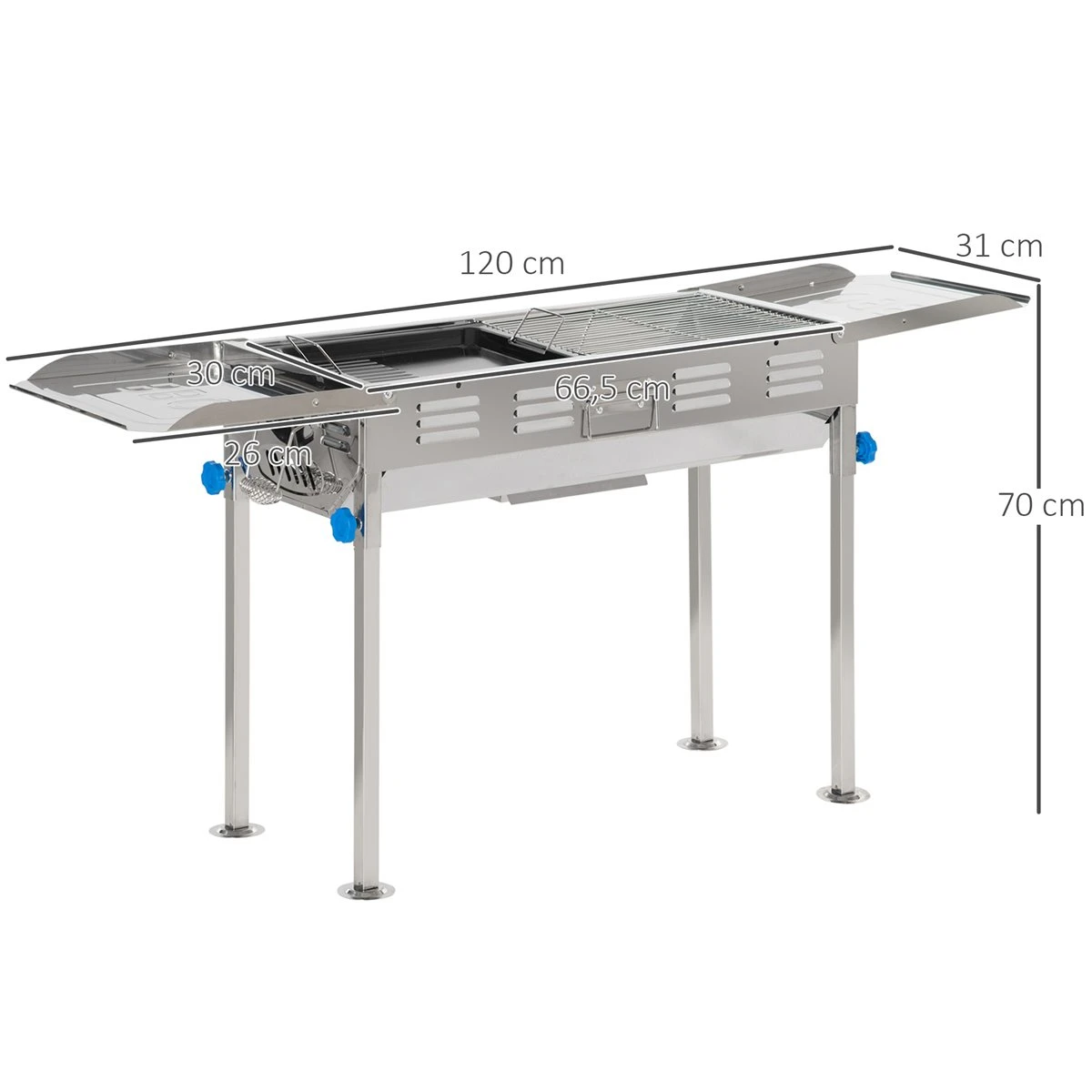Outsunny Barbacoa De Carbón De Acero Inoxidable Portátil Con Altura Ajustable 2 Estantes Plancha Y Parrillas Al Aire Libre Para BBQ Camping Picnics 120x31x60-70 Cm Plata - Imagen 3
