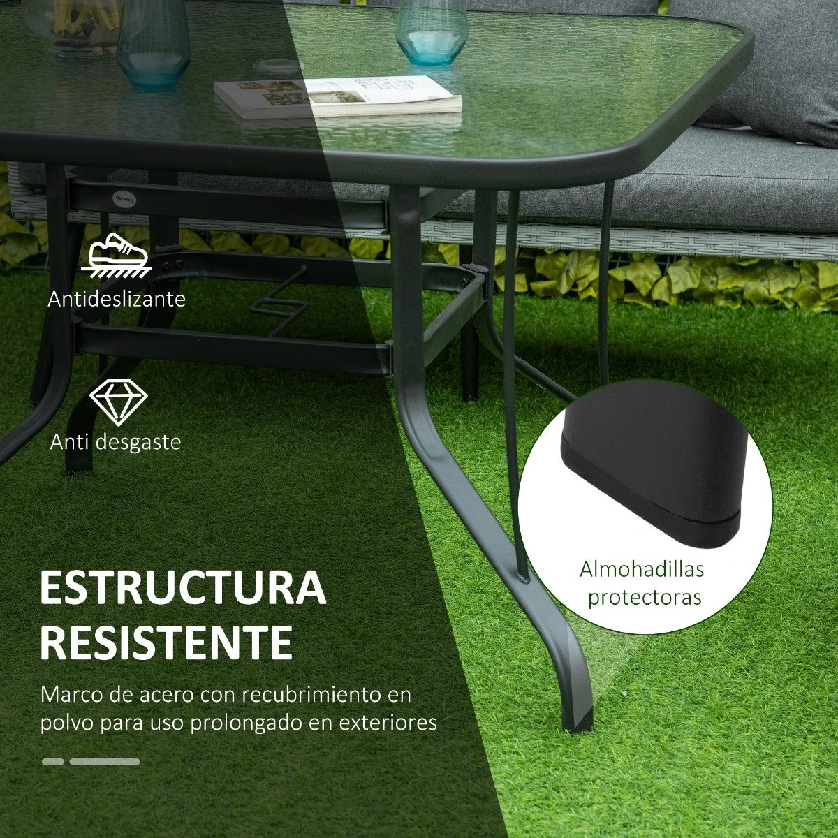 Outsunny Mesa De Cristal De Jardín Con Agujero Para Sombrilla Mesa Para Comer Cuadrada Con Marco De Acero Para Exterior Terraza Balcón 106,5x106,5x71 Cm Negro - Imagen 6