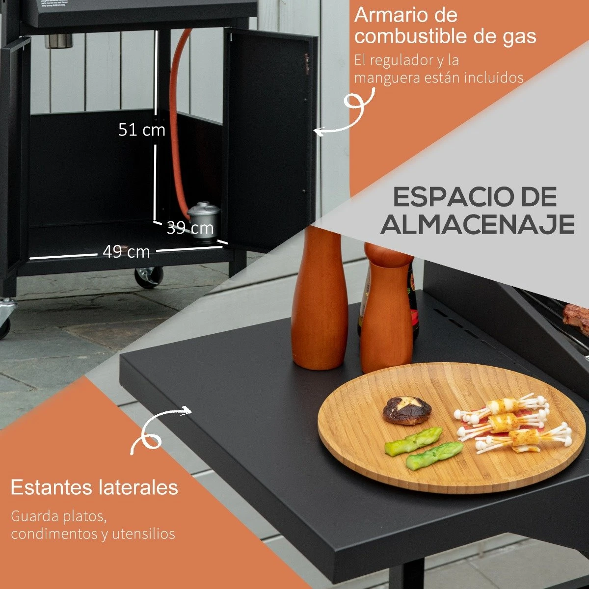 Outsunny Barbacoa De Gas Con 3 Quemadores 8,7 KW Termómetro Parrilla De Gas Con 2 Mesas Laterales Armario De 2 Puertas 4 Ruedas Y Frenos Acero Al Carbono Para BBQ 121x55x109 Cm Negro - Imagen 6