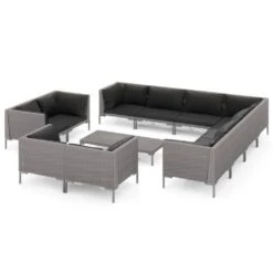 Set Muebles Jardín 12 Pzas Cojines Ratán Sintético Gris Oscuro VidaXL
