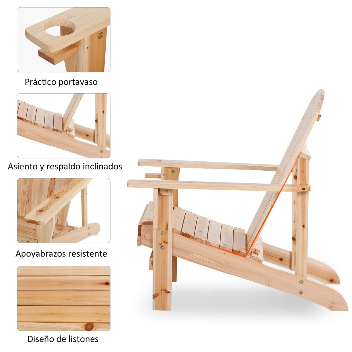 Outsunny Silla Adirondack De Madera Silla De Jardín Con Reposabrazos Y Respaldo Alto Para Terraza Balcón Exterior 72,5x97x93 Cm Natural - Imagen 5