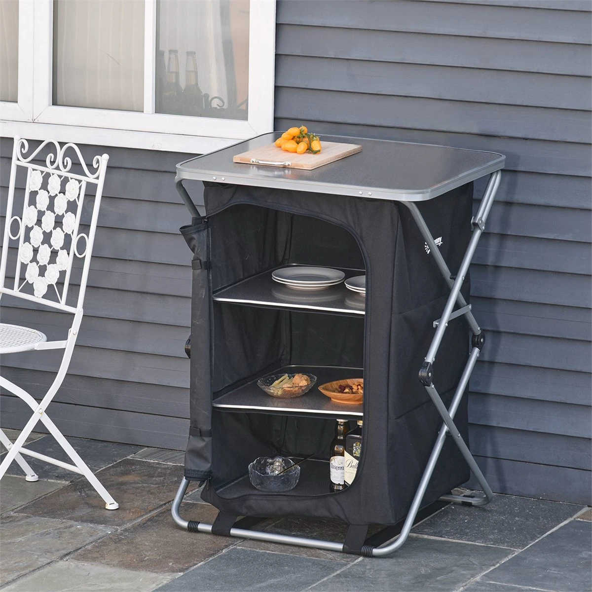 Outsunny Armario Cocina De Camping Plegable Con Paravientos 3 Estantes Bolsa De Almacenamiento Encimera 58X65x93 Cm Para Exterior Acampadas Picnics Tela Oxford Negro - Imagen 2
