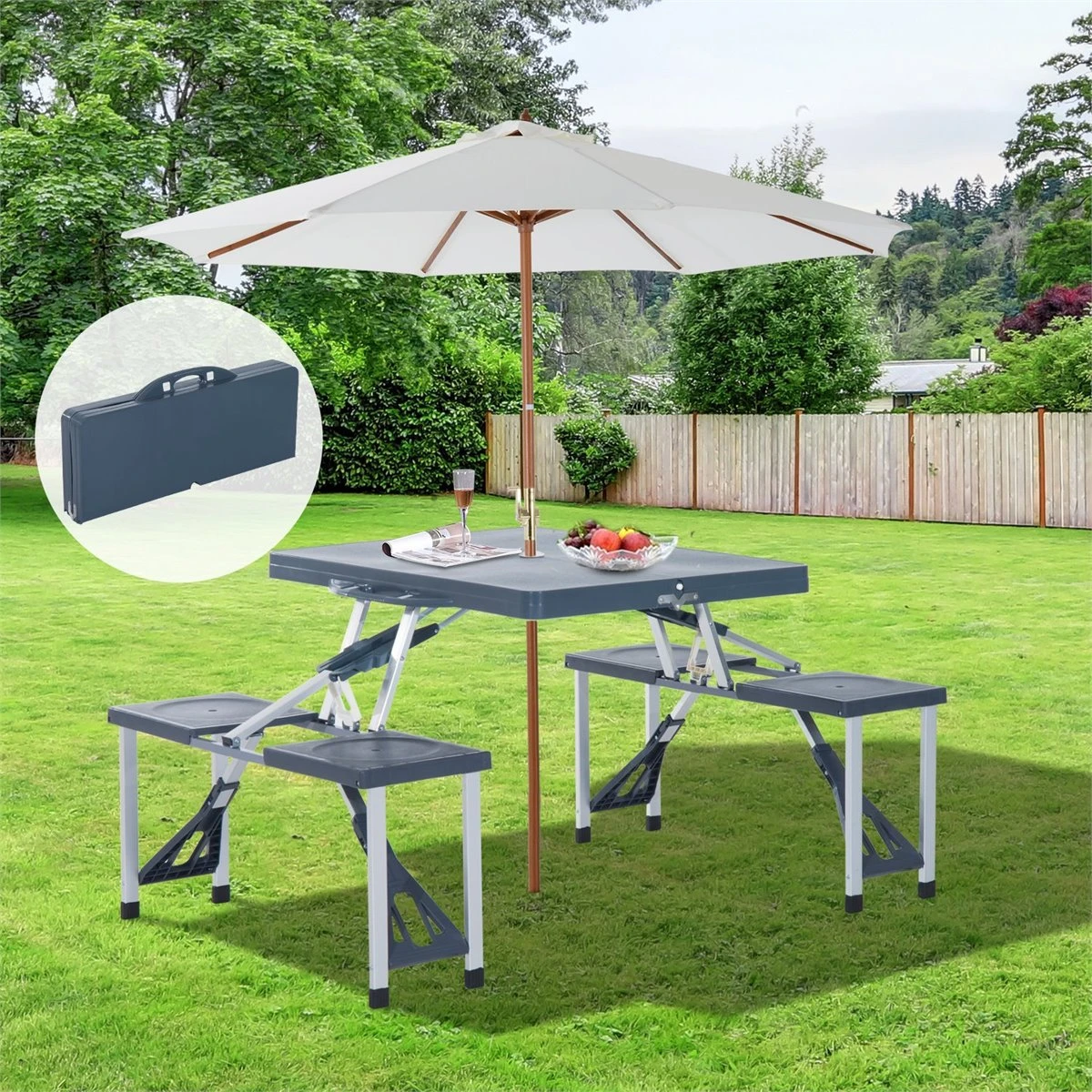 Outsunny Mesa Maleta De Camping Plegable Portátil 4 Asientos Y Agujero Sombrilla Estructura Aluminio Playa Picnic 136x84,5x66 Cm (Gris) - Imagen 2