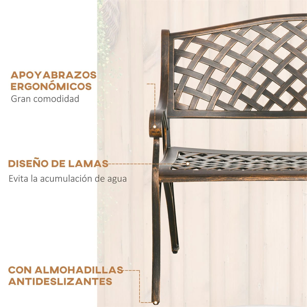 Outsunny Banco De Jardín De 2 Plazas De Aluminio Fundido Banco De Exterior Estilo Vintage Para Terraza Balcón Patio Carga 240 Kg 103x62x83 Cm Bronce - Imagen 6