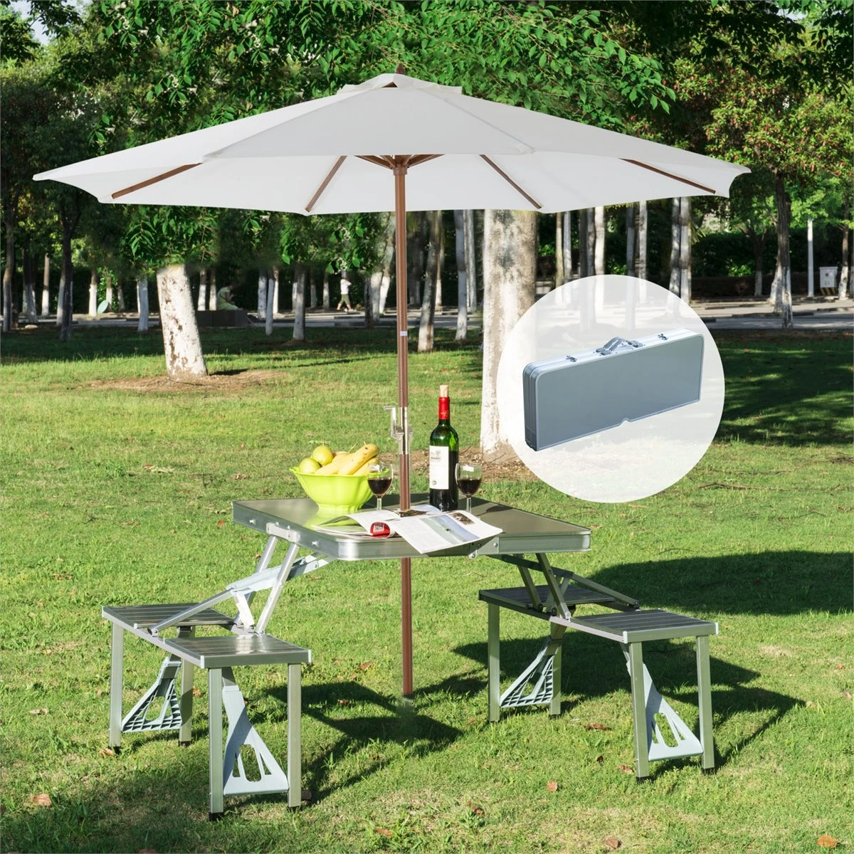Outsunny Mesa Maleta De Camping Plegable Portátil Con 4 Asientos Y Agujero Para Sombrilla Estructura De Aluminio Para Playa Picnic 136x85,5x66 Cm Plata - Imagen 2