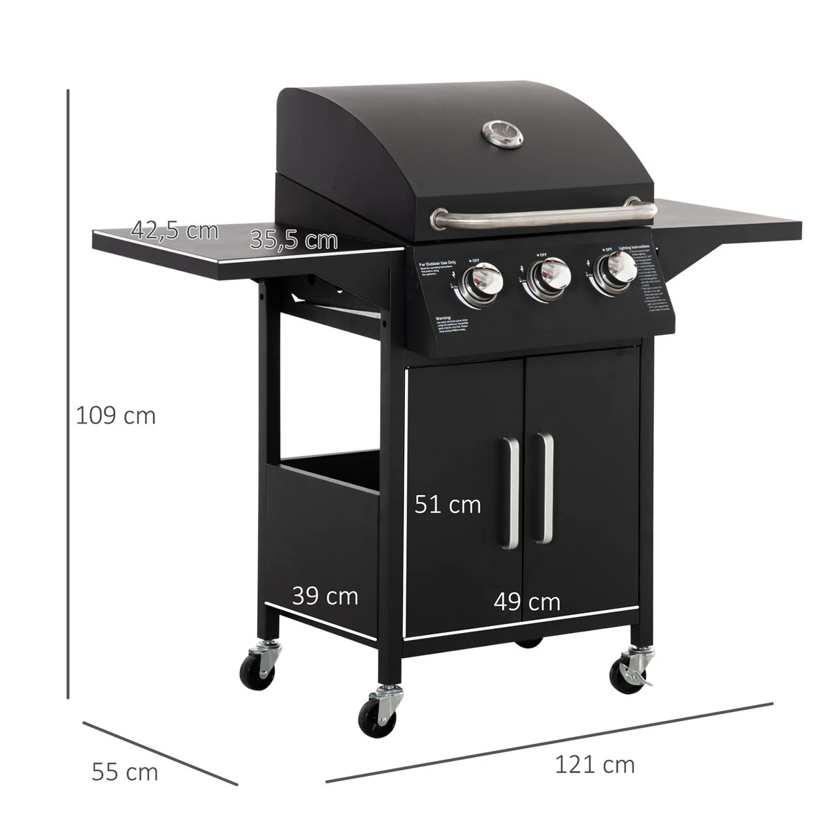 Outsunny Barbacoa De Gas Con 3 Quemadores 8,7 KW Termómetro Parrilla De Gas Con 2 Mesas Laterales Armario De 2 Puertas 4 Ruedas Y Frenos Acero Al Carbono Para BBQ 121x55x109 Cm Negro - Imagen 3