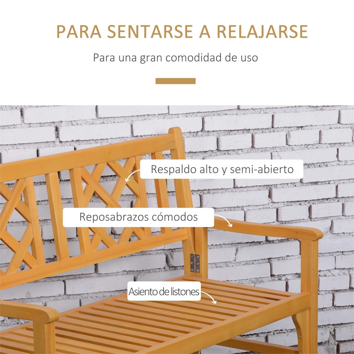Outsunny Banco De Jardín Plegable De Madera Banco De 2 Plazas Exterior 120,5x55,5x90,2 Cm Con Asiento De Listones Y Reposabrazos Para Terraza Balcón Patio Natural - Imagen 7