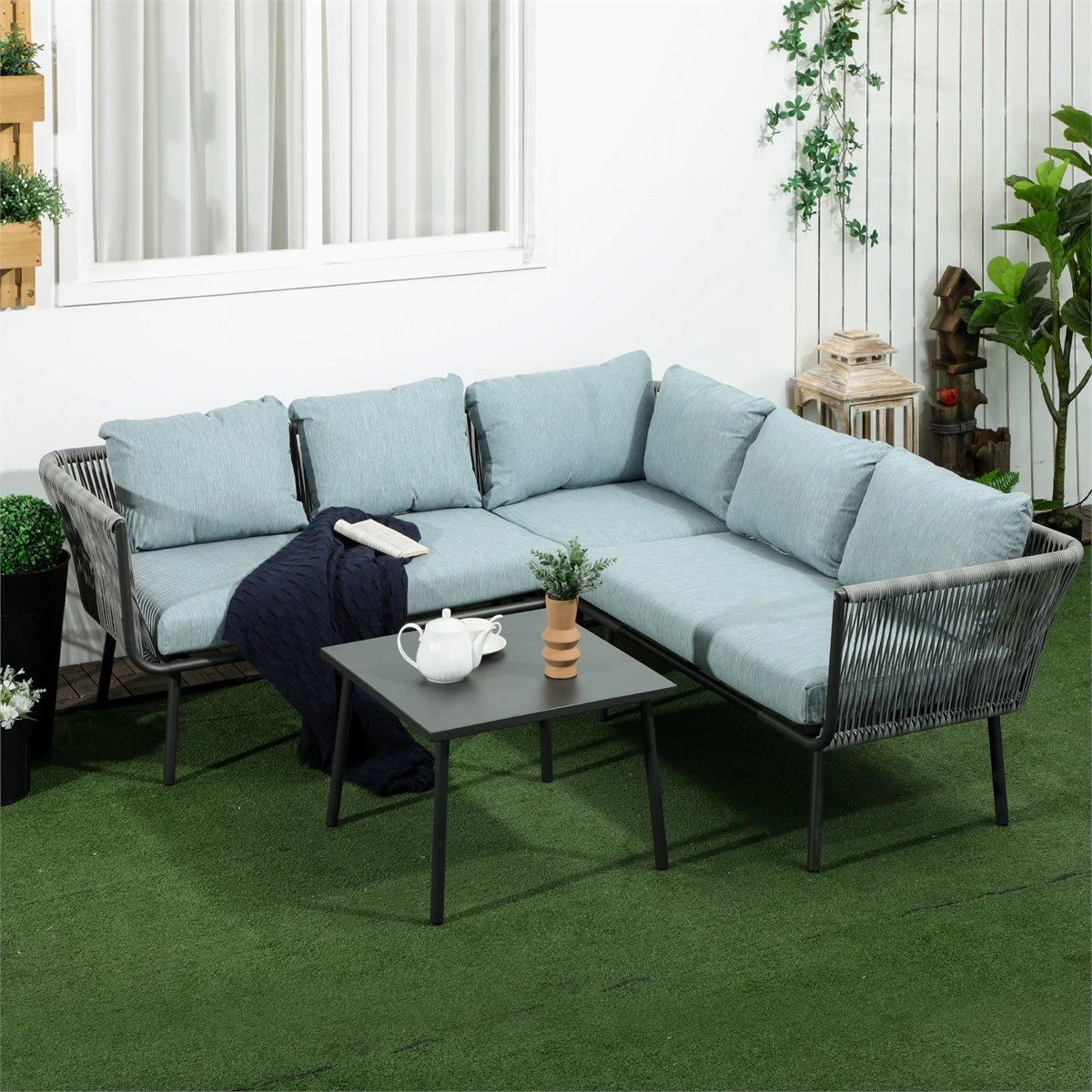 Outsunny Conjunto De Muebles De Ratán 4 Piezas Set De Muebles De Jardín 2 Sofá De 2 Plazas Sofá De Esquina Mesa De Centro Con 6 Cojines Acolchados Y Marco De Aluminio Para Terraza Patio Gris - Imagen 2