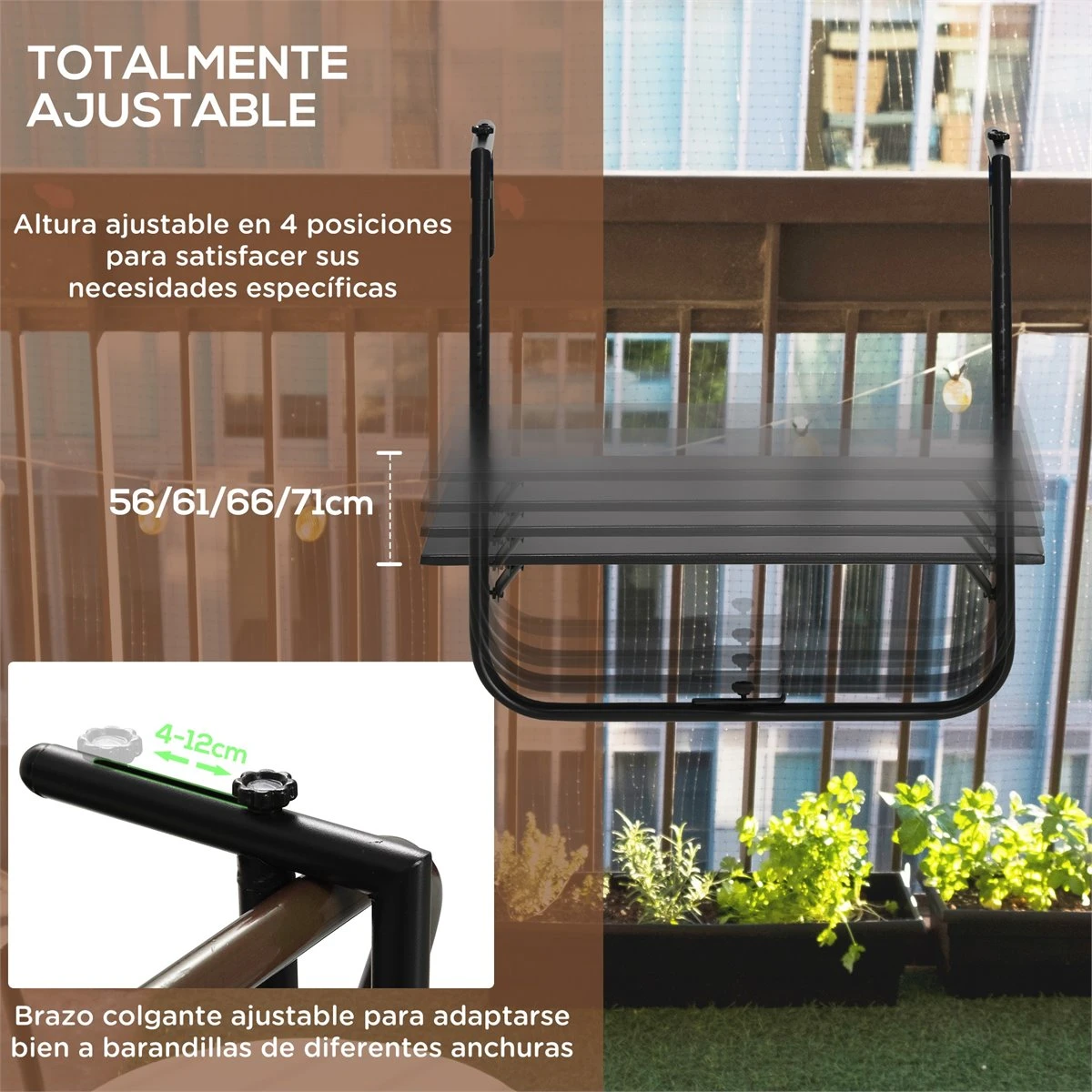 Outsunny Mesa Colgante Para Balcón Mesa De Pared De Acero Con Altura Ajustable En 4 Posiciones Carga Máx. 15 Kg Para Terraza Jardín 60x60,5x56-71 Cm Negro - Imagen 4