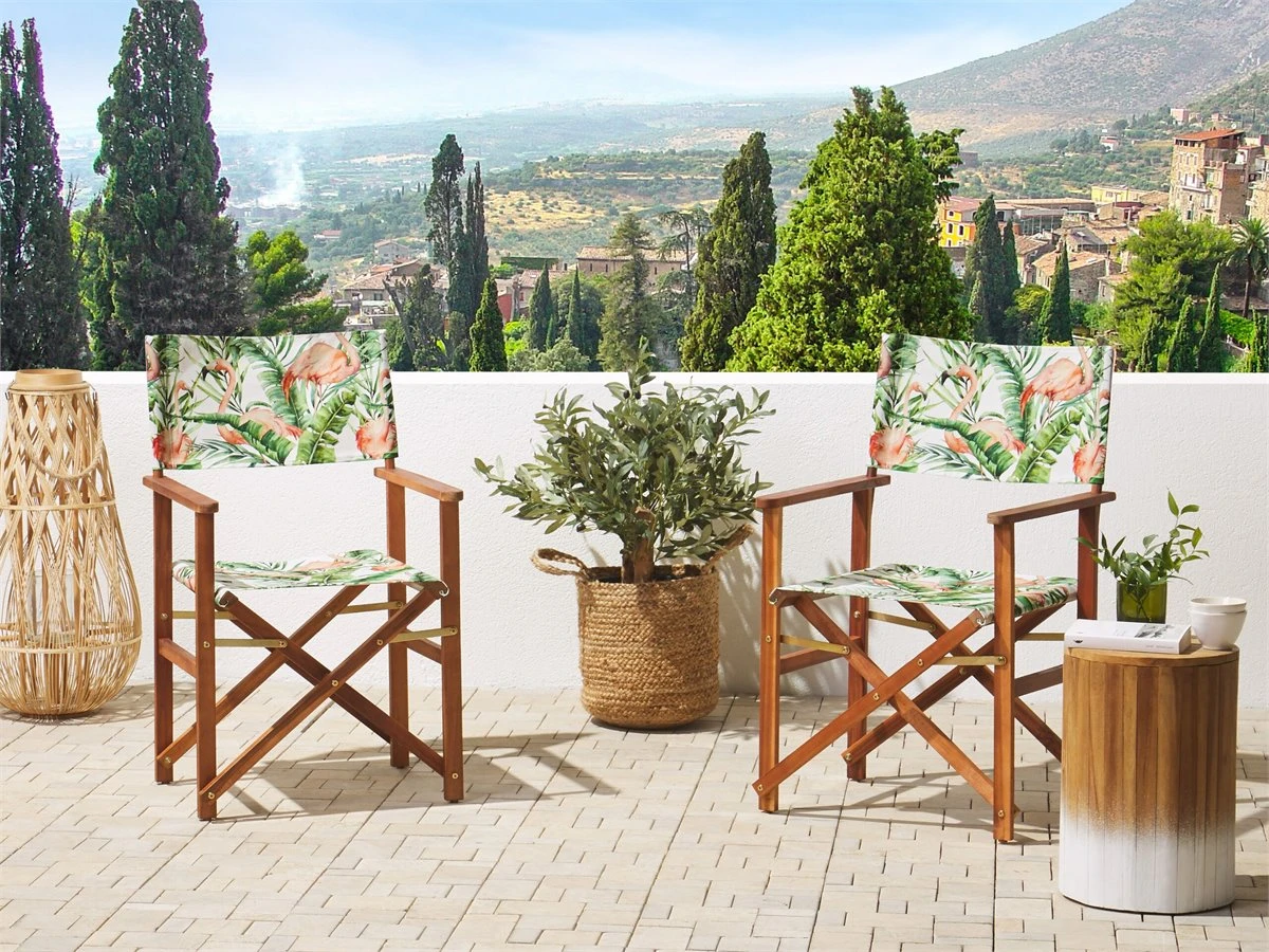 Conjunto De 2 Sillas De Jardín Madera Oscura/blanco Crema Con Tela Verde/blanco/rosa CINE