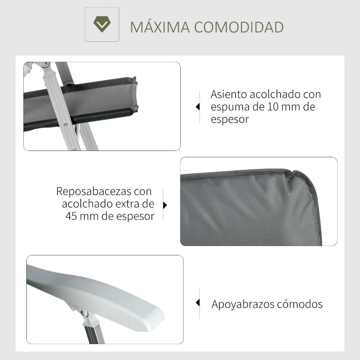Outsunny Silla De Jardín Plegable De Aluminio Con Respaldo Alto Ajustable En 7 Posiciones Y Reposacabezas Acolchado Para Exterior 75x61,5x114,5 Cm Gris - Imagen 7