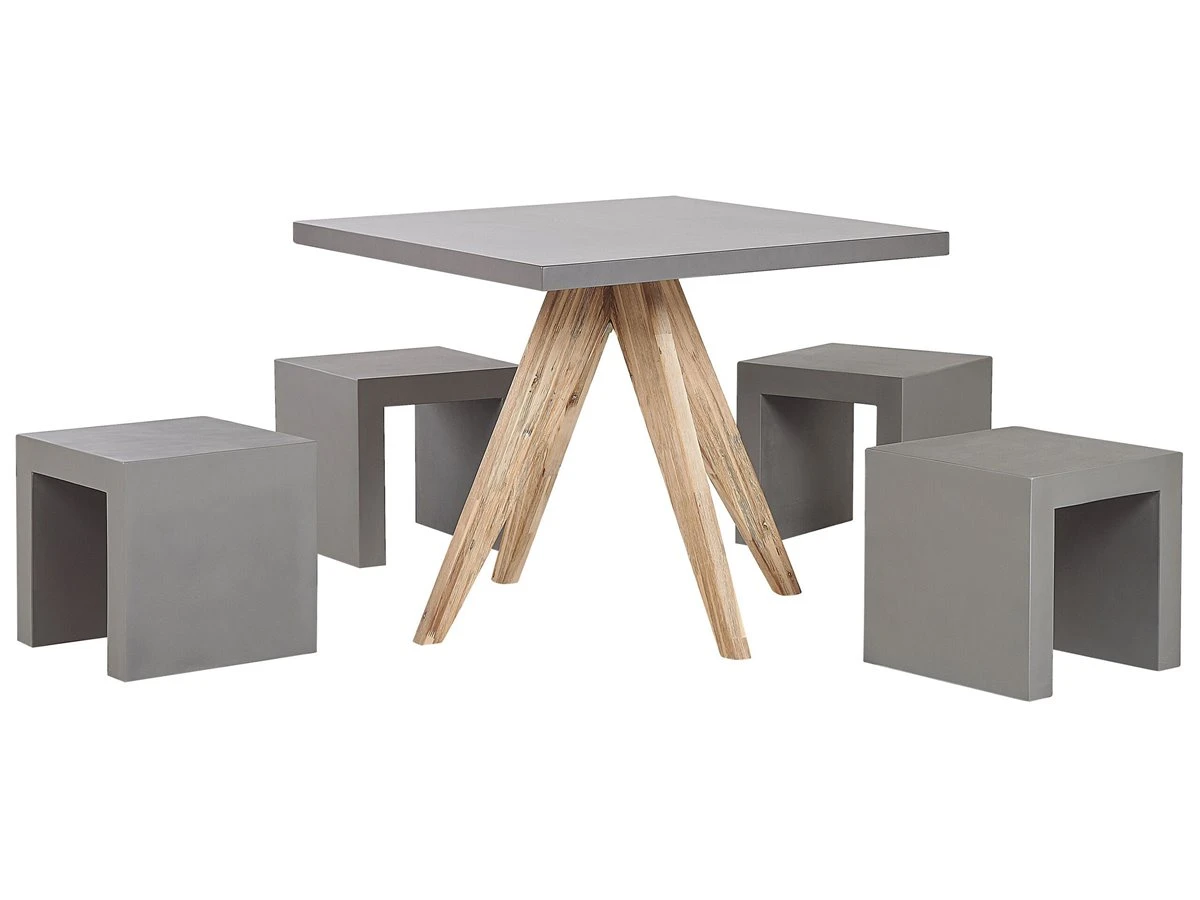 Conjunto De Jardín De Cemento Reforzado Mesa 90 X 90 Cm 4 Taburetes Gris/madera Clara OLBIA/TARANTO - Imagen 2