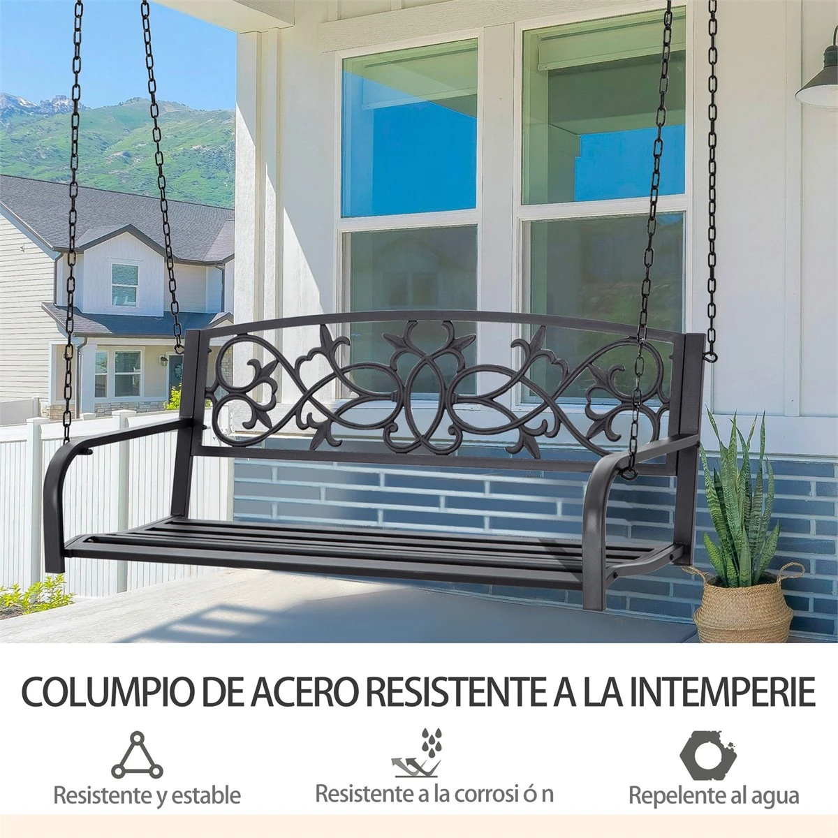 Outsunny Banco Columpio De 2 Plazas Banco Colgante De Acero Con Reposabrazos Carga Máx. 240 Kg Para Jardín Terraza Balcón Exterior 127x59,5x52 Cm Negro - Imagen 6