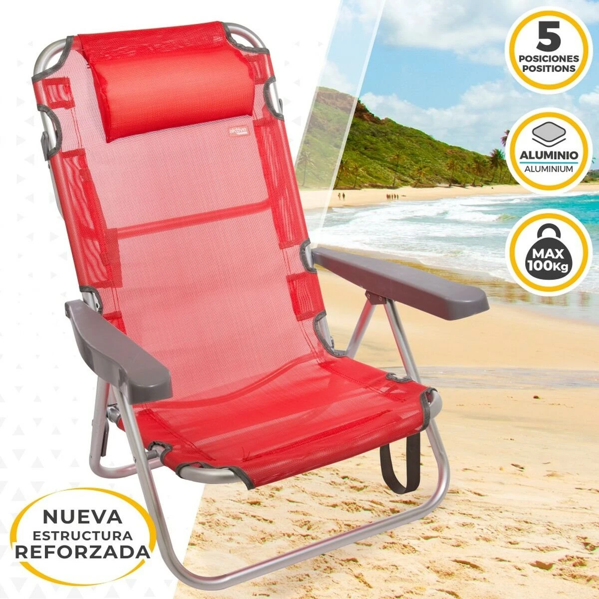 Silla Plegable Con Reposacabezas Aktive Menorca Rojo 48 X 84 X 46 Cm (2 Unidades) - Imagen 3
