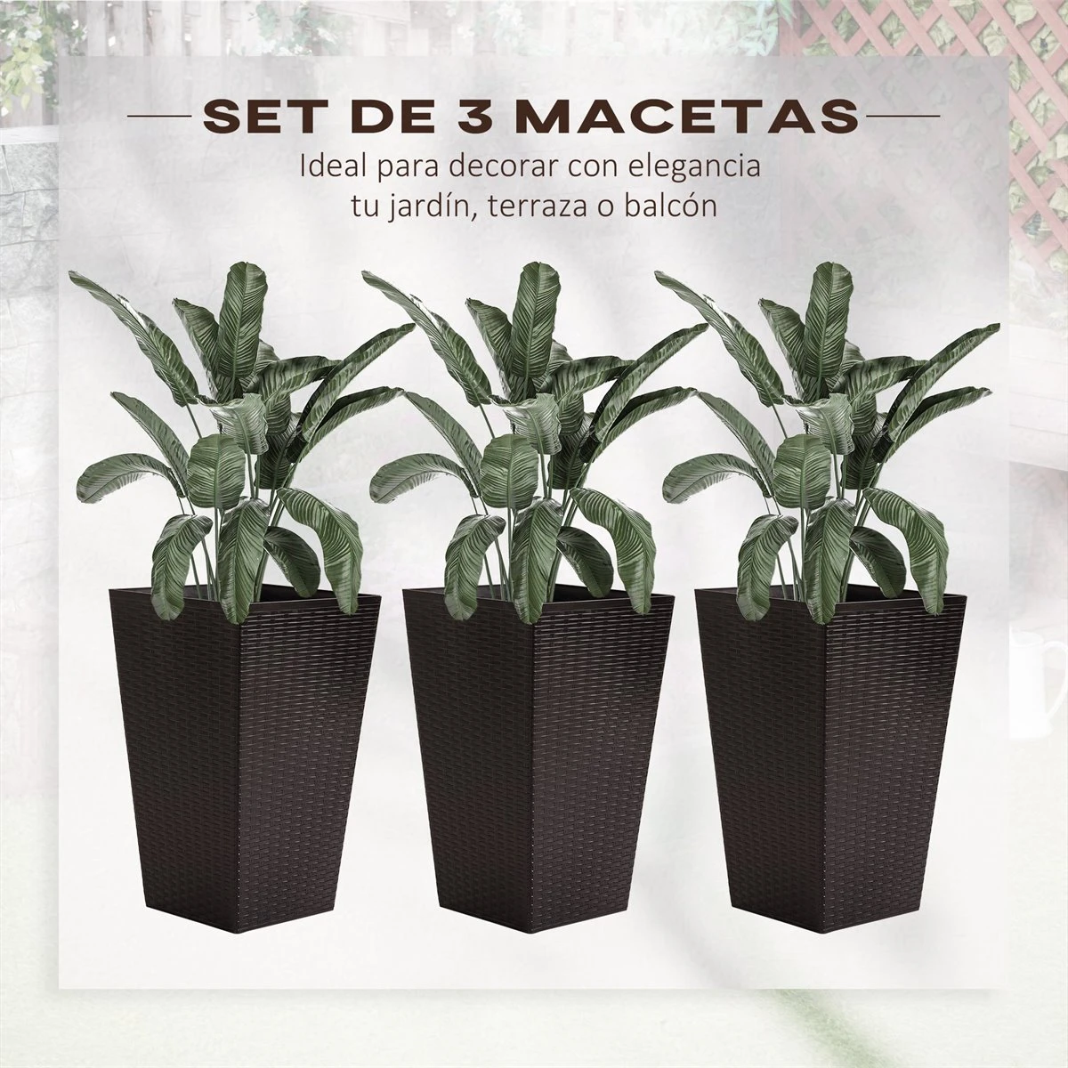 Outsunny Conjunto De 3 Macetas Cuadradas Para Plantas Flores 3 Maceteros Con Efecto De Símil Ratán Para Jardín Terraza Interior Y Exterior 36,5x36,5x61 Cm Marrón - Imagen 5