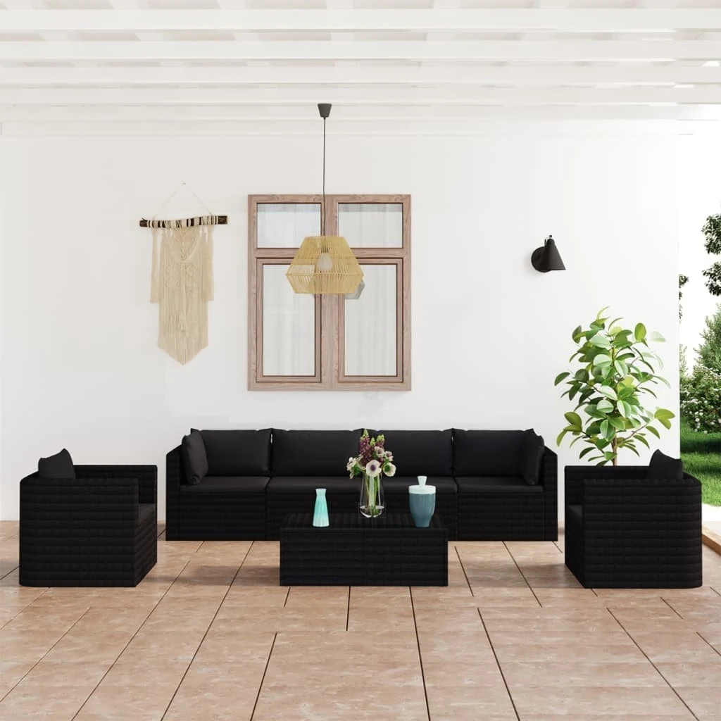 Set Muebles De Jardín 7 Piezas Y Cojines Ratán Sintético Negro VidaXL - Imagen 3