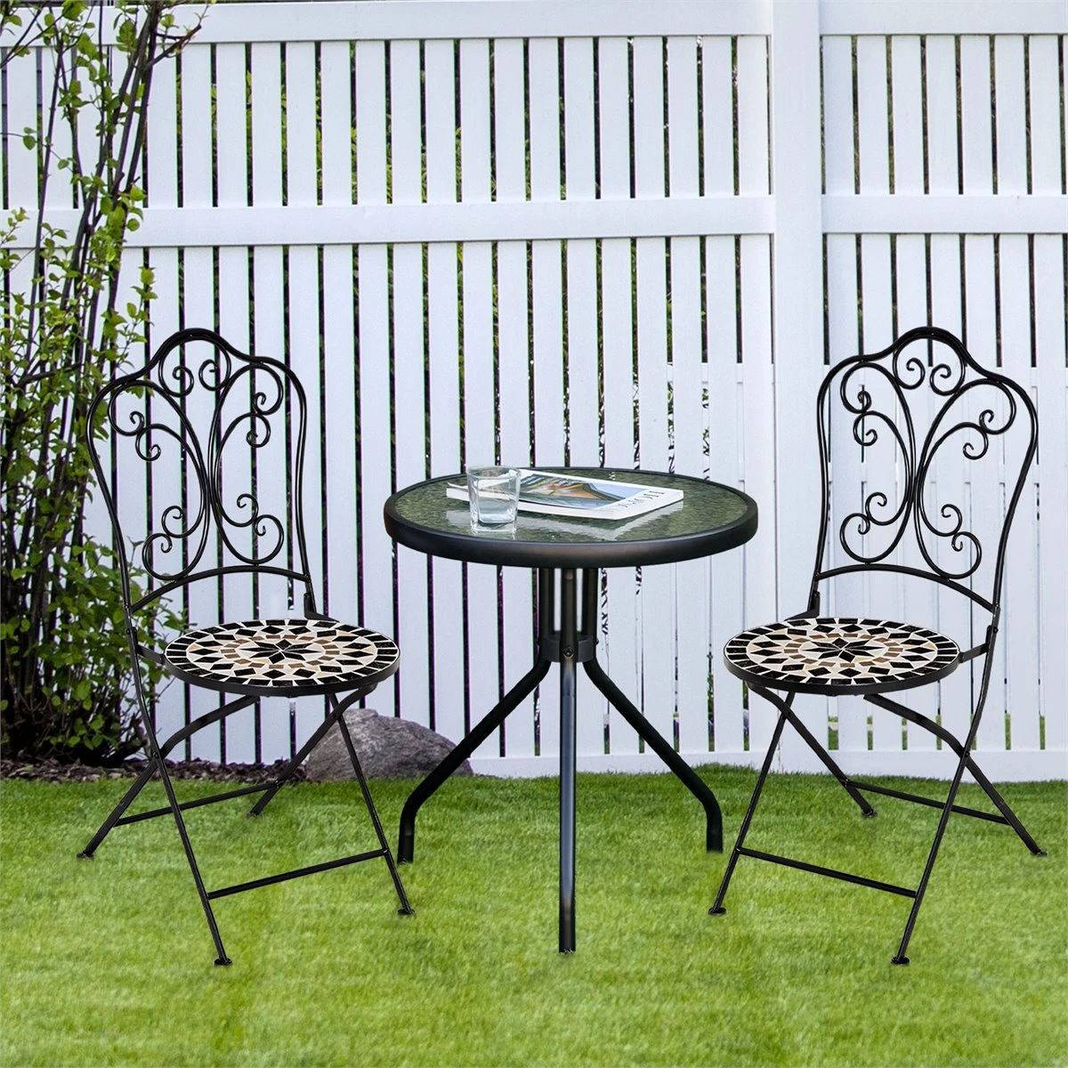 Outsunny Set De 2 Sillas De Jardín Plegables Con Asiento De Mosaico Cerámico Y Marco De Metal Carga 120 Kg Para Bistró Terraza Patio Exterior 40x50x92 Cm Negro - Imagen 2