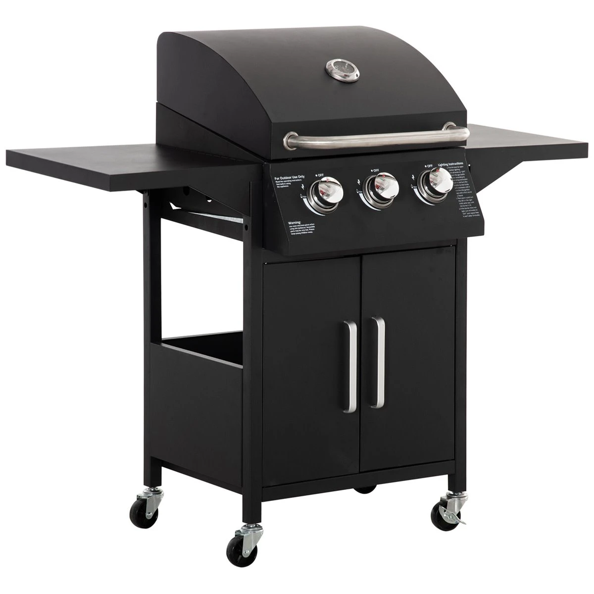Outsunny Barbacoa De Gas Con 3 Quemadores 8,7 KW Termómetro Parrilla De Gas Con 2 Mesas Laterales Armario De 2 Puertas 4 Ruedas Y Frenos Acero Al Carbono Para BBQ 121x55x109 Cm Negro