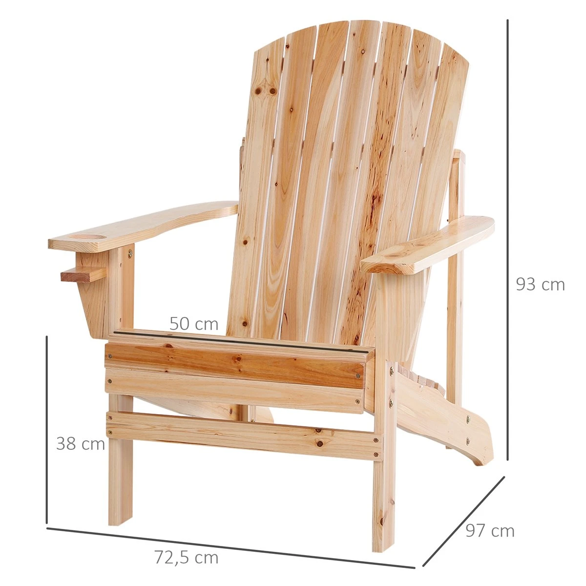 Outsunny Silla Adirondack De Madera Silla De Jardín Con Reposabrazos Y Respaldo Alto Para Terraza Balcón Exterior 72,5x97x93 Cm Natural - Imagen 3