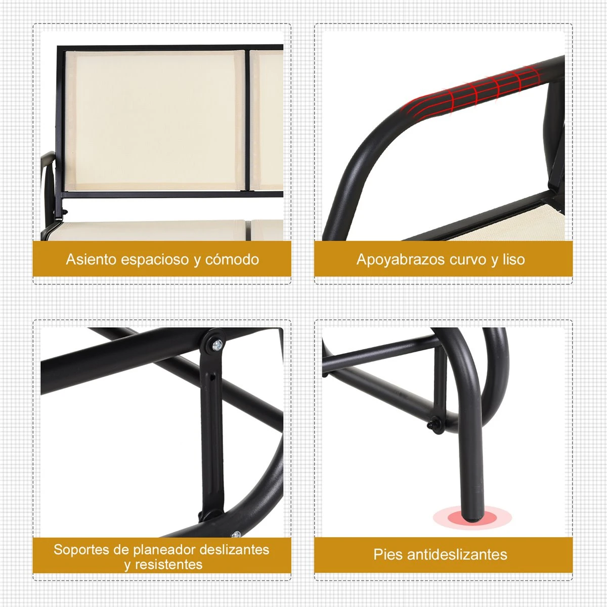 Outsunny Banco Balancín De 2 Plazas Silla Mecedora De Jardín Tubo De Metal Y Tela Texteline Transpirable Para Exterior Carga Máx. 200 Kg 120x70x85 Cm Beige - Imagen 7