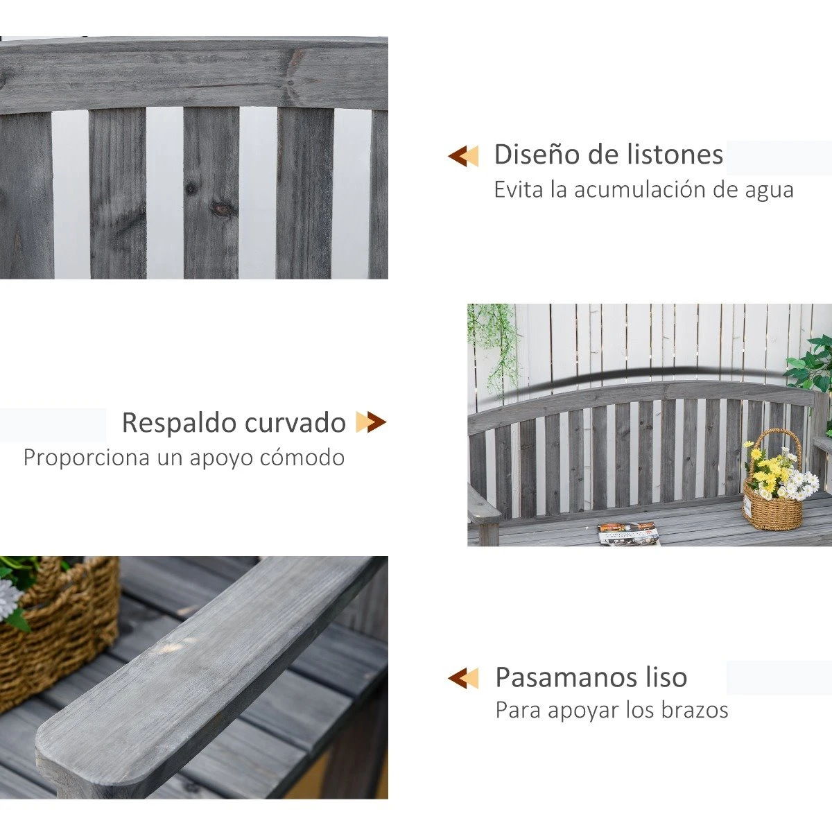 Outsunny Banco De Jardín De 2 Plazas Banco Listones De Madera Con Respaldo Y Reposabrazos Para Terraza Balcón Patio Exterior Carga 320 Kg 140x50x85 Cm Gris - Imagen 6