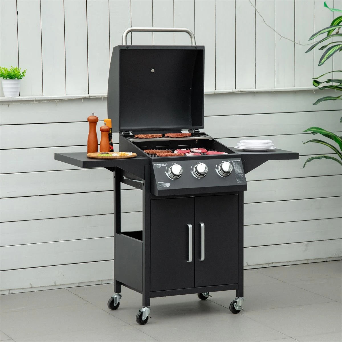 Outsunny Barbacoa De Gas Con 3 Quemadores 8,7 KW Termómetro Parrilla De Gas Con 2 Mesas Laterales Armario De 2 Puertas 4 Ruedas Y Frenos Acero Al Carbono Para BBQ 121x55x109 Cm Negro - Imagen 2